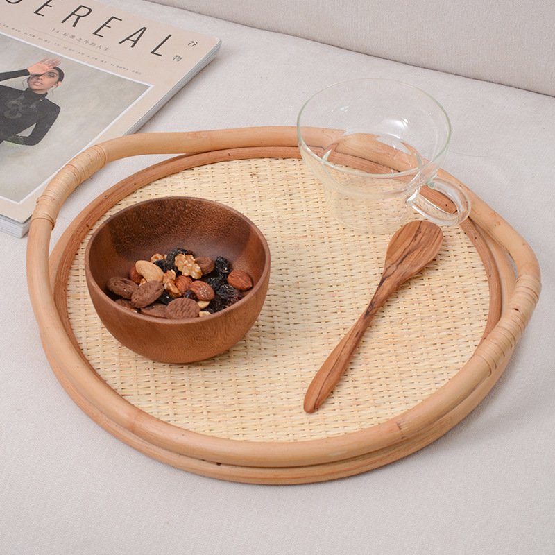 Rattan Tray Handle - 天然籐編みトレイ、収納ハンドルオーナメント、アフタヌーンティー用フルーツスナックトレイ、雑貨収納プレート