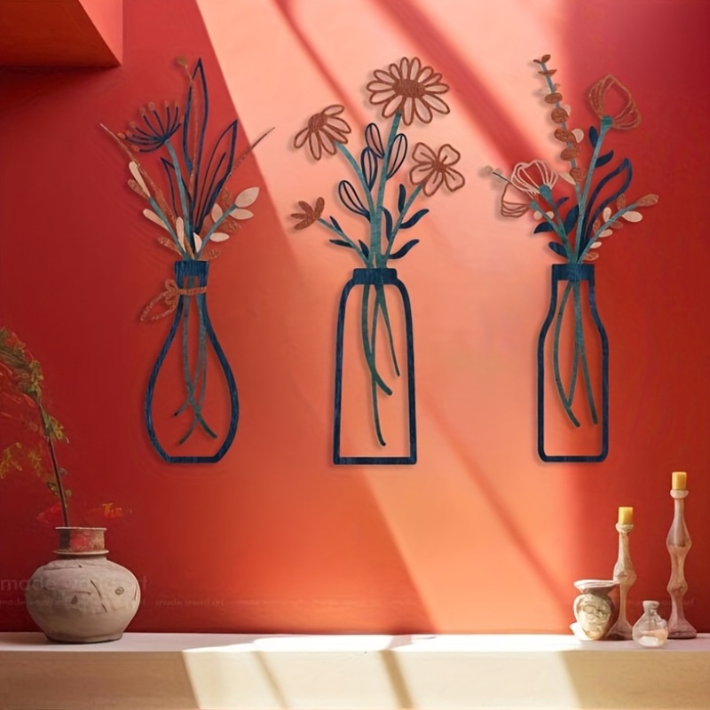 Interior Design Modern - 3つの大きな花柄の壁掛け彫刻 - モダンなファームハウス装飾、エレガントな吊り下げ花瓶デザイン、素朴な屋内/屋外用メタルフラワー（青、オレンジ、茶色など） - 結婚式、自宅、オフィス、庭の装飾 -