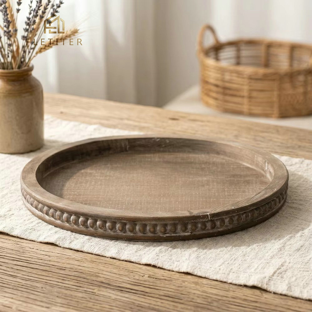 Travertine Tray Oval - 素朴なヴィンテージ風木製トレイ、多機能サービングトレイ（お茶/軽食/キャンドル用）、装飾ディスプレイ、ホームデコレーション
