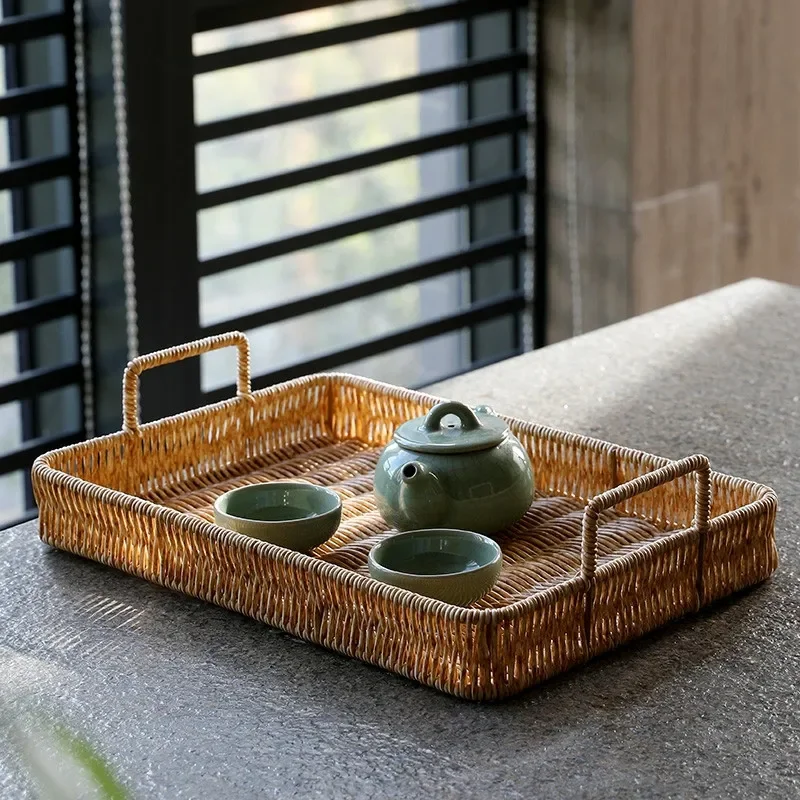 Rattan Tray Handle - プラスチック収納トレイハンドル付き模造籐織りバスケット雑貨プレートフルーツ大皿ティートレイディナーサービングトレイ