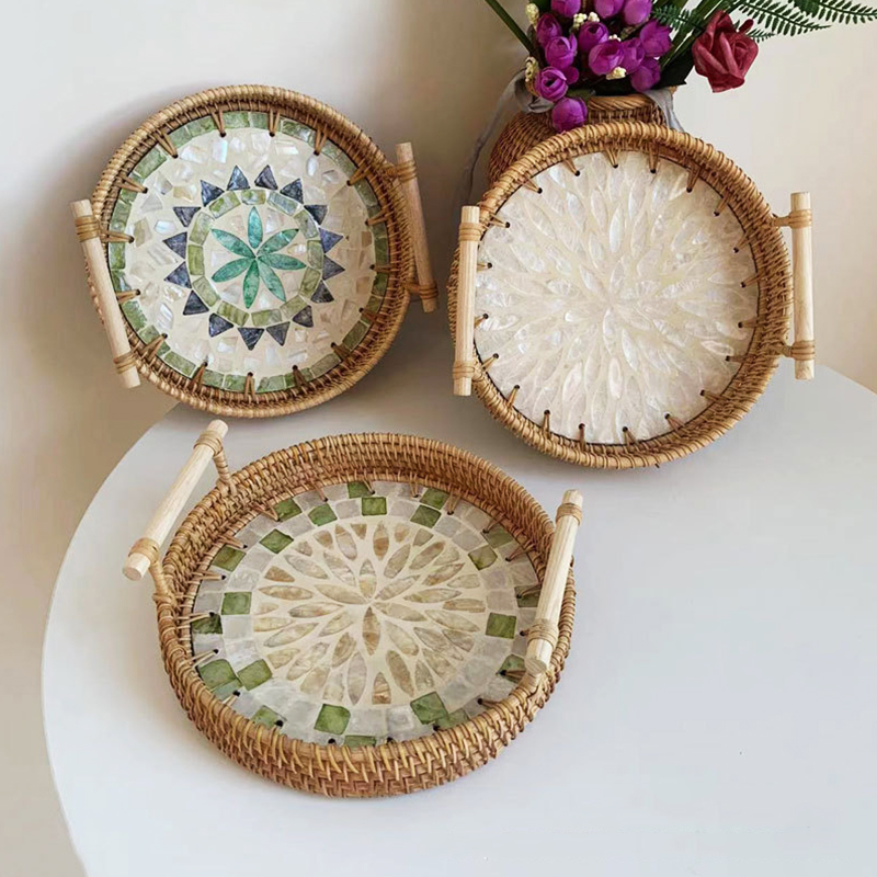 Rattan Tray Handle - 手作りの籐のトレイ,自由奔放に生きるスタイル,天然のシェル,木製のハンドル付き織りのバスケット,家の装飾,サービストレイ