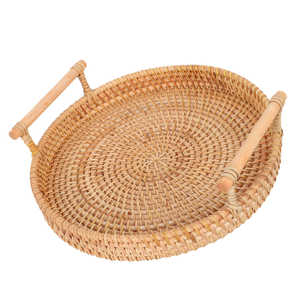 Rattan Tray Handle - 32cm丸型手作り籐製トレイ、編み込み籐製サービングバスケット、両手付き、パン皿、フルーツサービングトレイ、朝食、夕食用