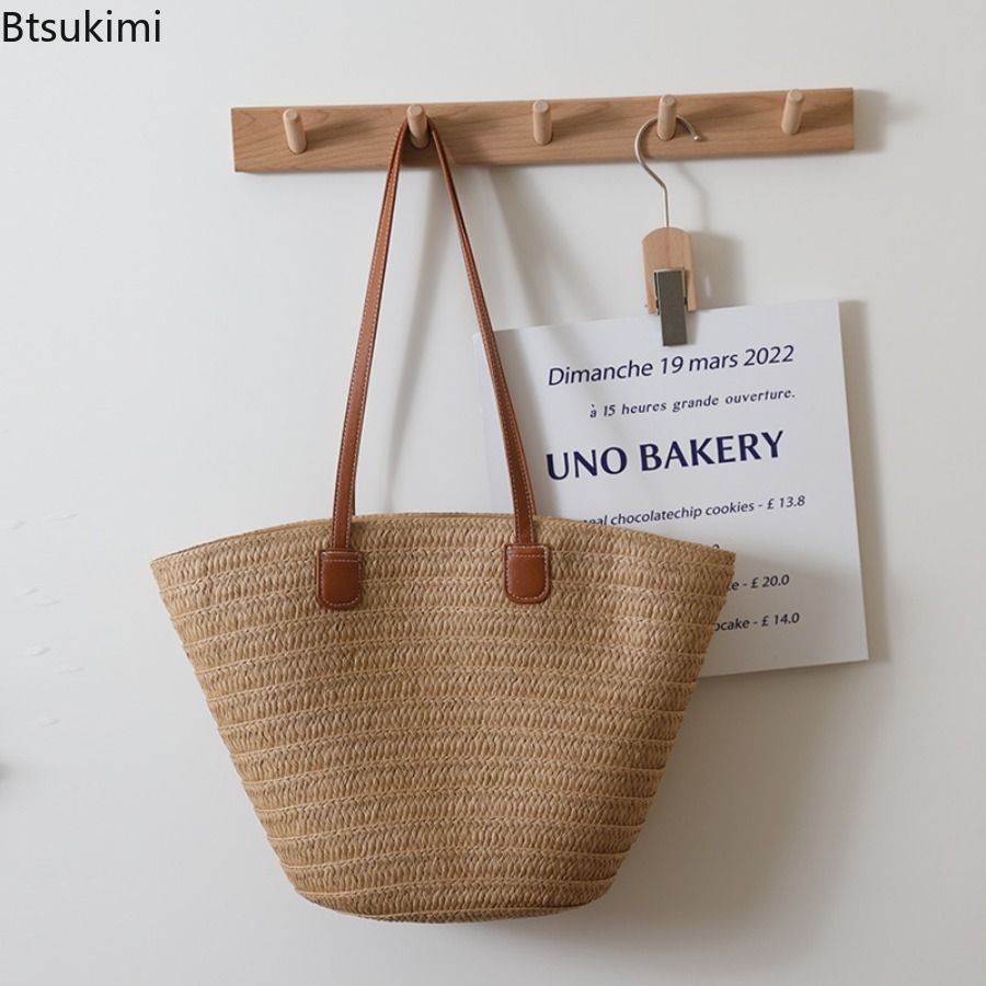 Interior Design Bali - レディース大容量ショルダーバッグ 夏用ストローウーブンバスケットハンドバッグ ファッション女性用高級デザイナービーチバッグ バリショッパートート
