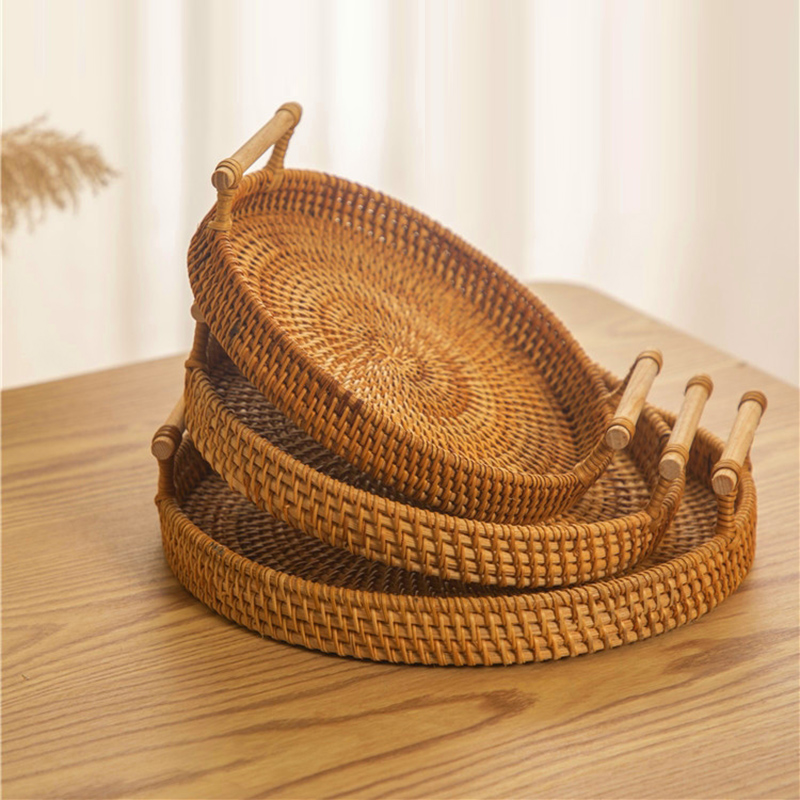 Rattan Tray Handle - 籐ストラップハンドル収納バスケットパンスナックフルーツラウンドラウンドトレイピクニック織物収納バスケット
