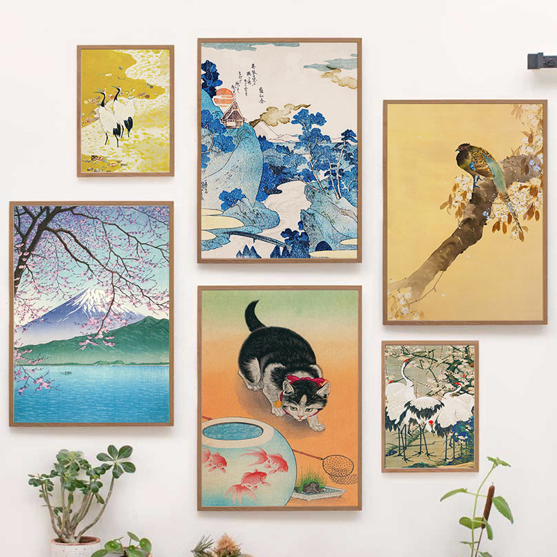 Interior Design Modern - 日本の葛飾北斎キャンバス絵画ウォールアートポスタープリント富士山鳥の絵部屋のインテリア家の装飾クアドロス