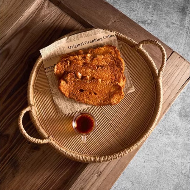 手編みラタン製トレイ（ハンドル付き）、丸型収納ボウル（家の装 - Rattan Tray Handle のレビューと価格