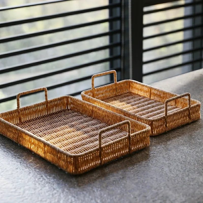 プラスチック収納トレイハンドル付き模造籐織りバスケット雑貨プ - Rattan Tray Handle のレビューと価格
