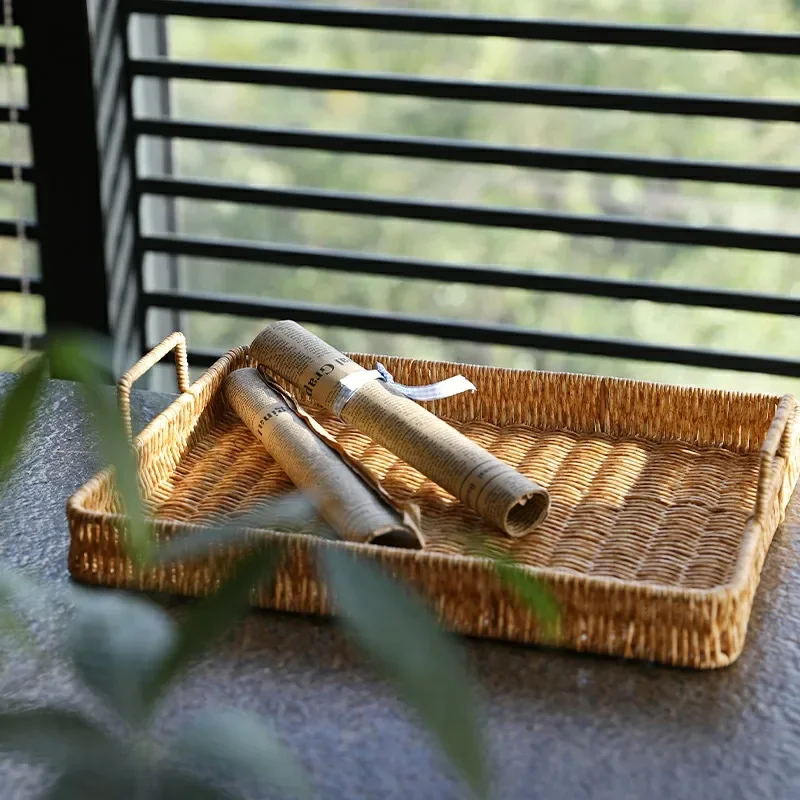 プラスチック収納トレイハンドル付き模造籐織りバスケット雑貨プ - Rattan Tray Handle のレビューと価格