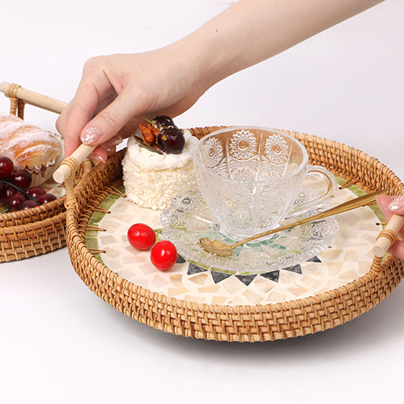 手作りの籐のトレイ,自由奔放に生きるスタイル,天然のシェル, - Rattan Tray Handle のレビューと価格