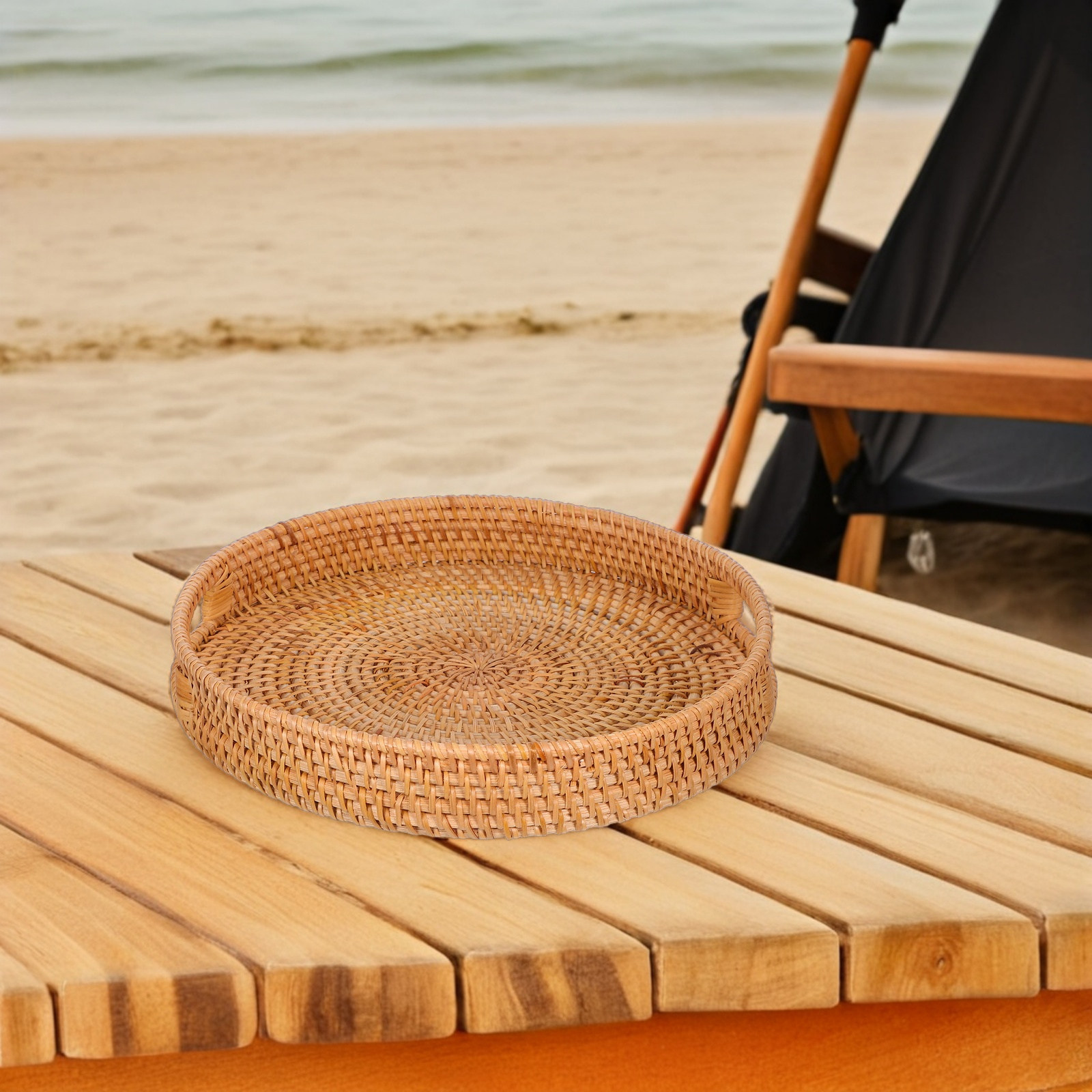 14インチの丸い籐製大型サービングトレイ、フルーツやスナック - Rattan Tray Handle のレビューと価格