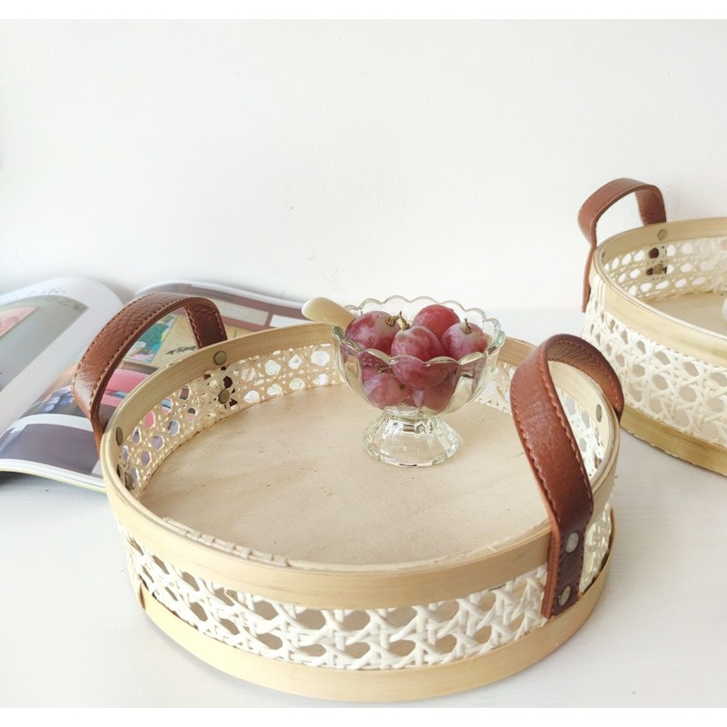 手作りレトロ北欧風ラタン製トレイ、革製ハンドル付き丸型、香水 - Rattan Tray Handle のレビューと価格
