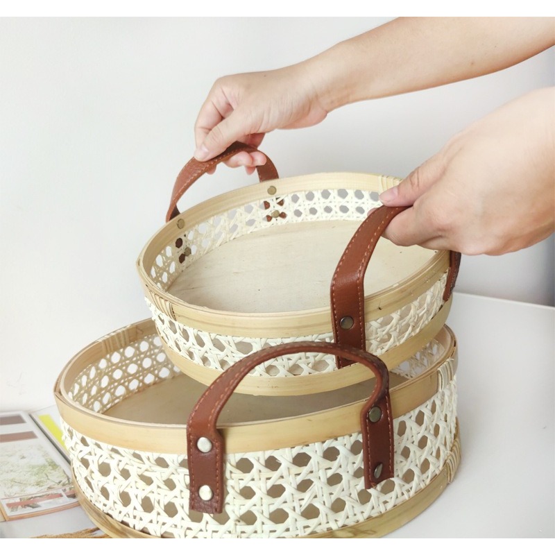 手作りレトロ北欧風ラタン製トレイ、革製ハンドル付き丸型、香水 - Rattan Tray Handle のレビューと価格