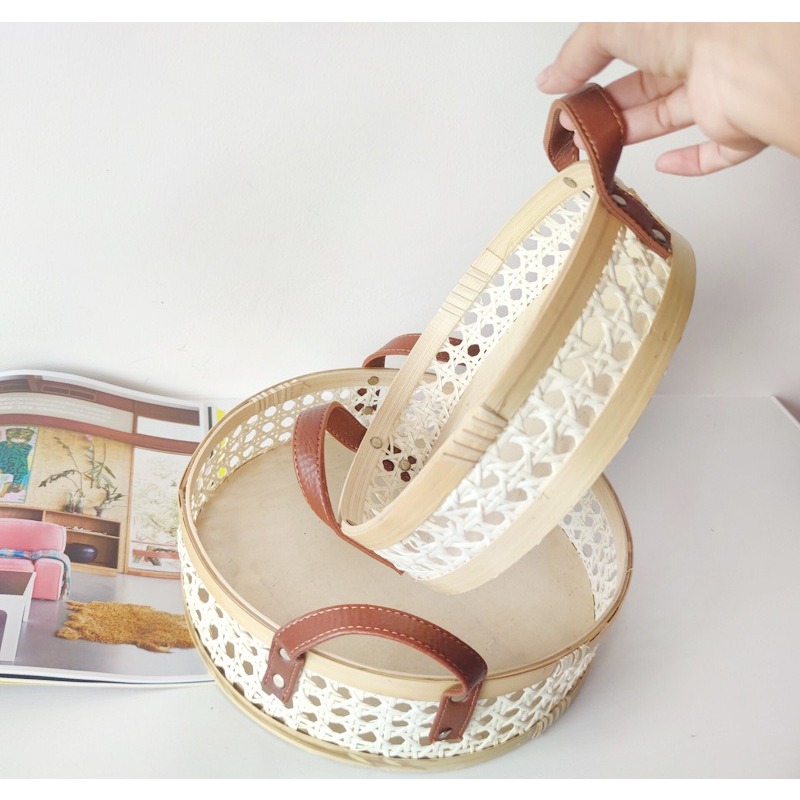 手作りレトロ北欧風ラタン製トレイ、革製ハンドル付き丸型、香水 - Rattan Tray Handle のレビューと価格