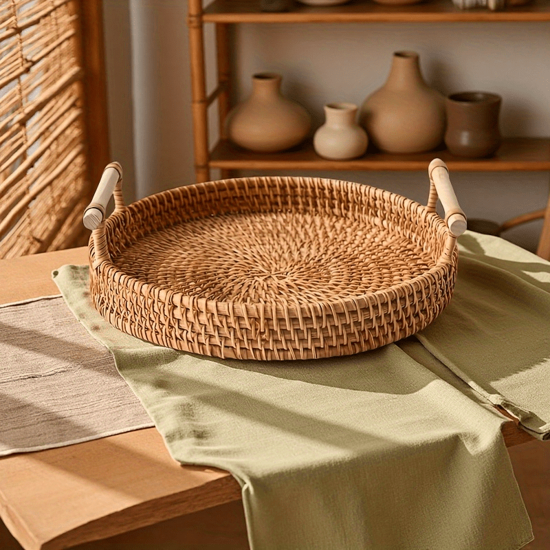 手作りのラタン丸盆、ダブルハンドル付き - お茶、フルーツ、 - Rattan Tray Handle のレビューと価格