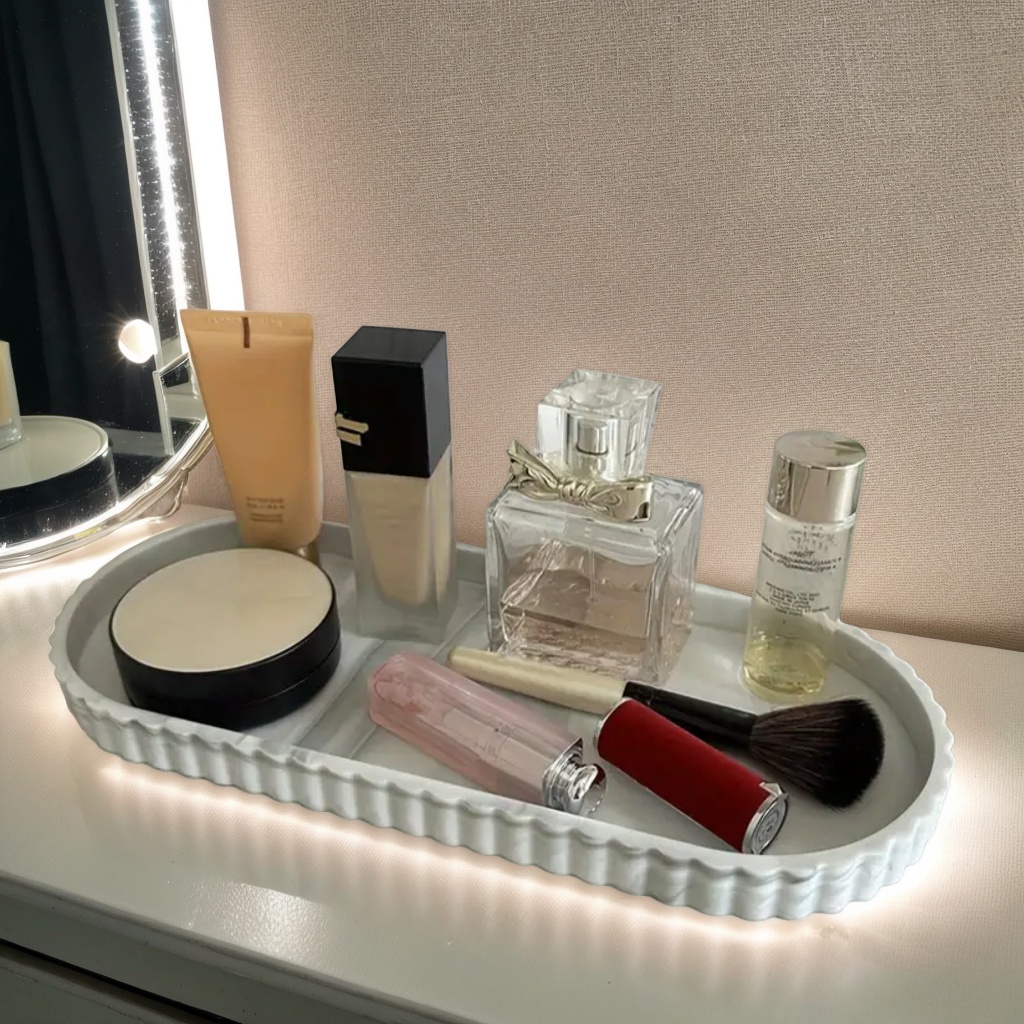 バスルームカウンタートップ用楕円形収納トレイ、石鹸ディスペン - Travertine Tray Oval のレビューと価格