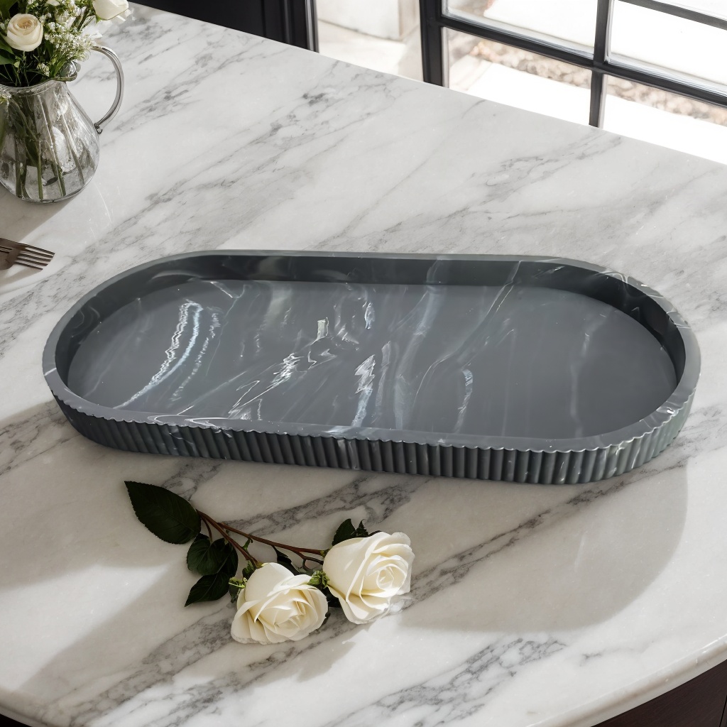 バスルームカウンタートップ用楕円形収納トレイ、石鹸ディスペン - Travertine Tray Oval のレビューと価格