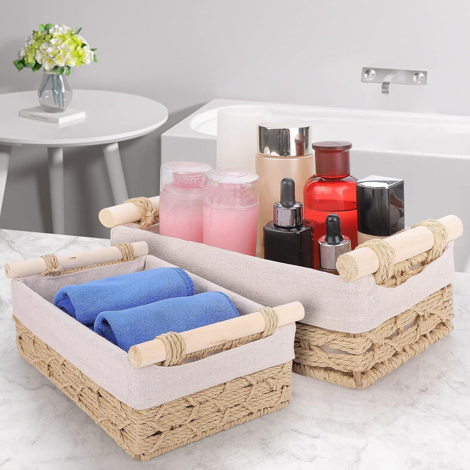 ハンドルとライナー付き収納バスケット、デスクトップリモコンキ - Rattan Tray Handle のレビューと価格