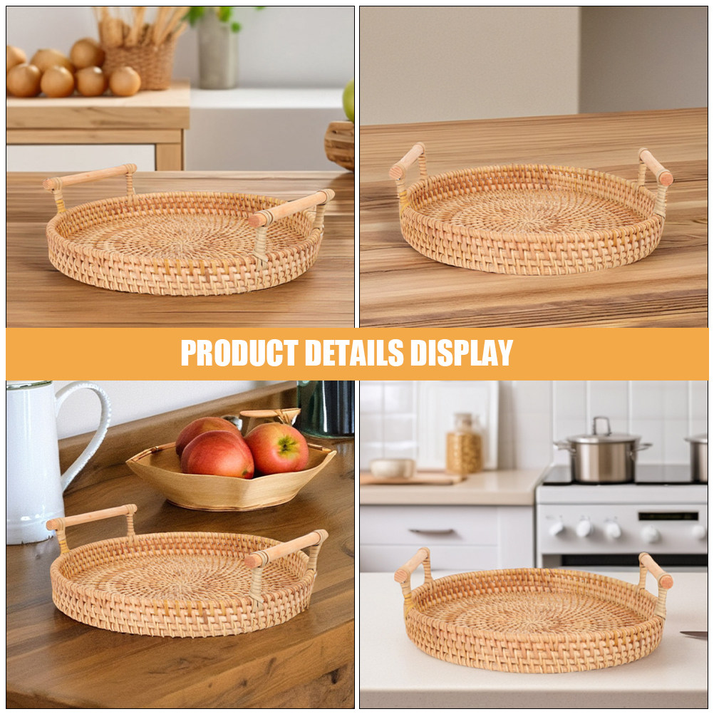 32cm丸型手作り籐製トレイ、編み込み籐製サービングバスケッ - Rattan Tray Handle のレビューと価格