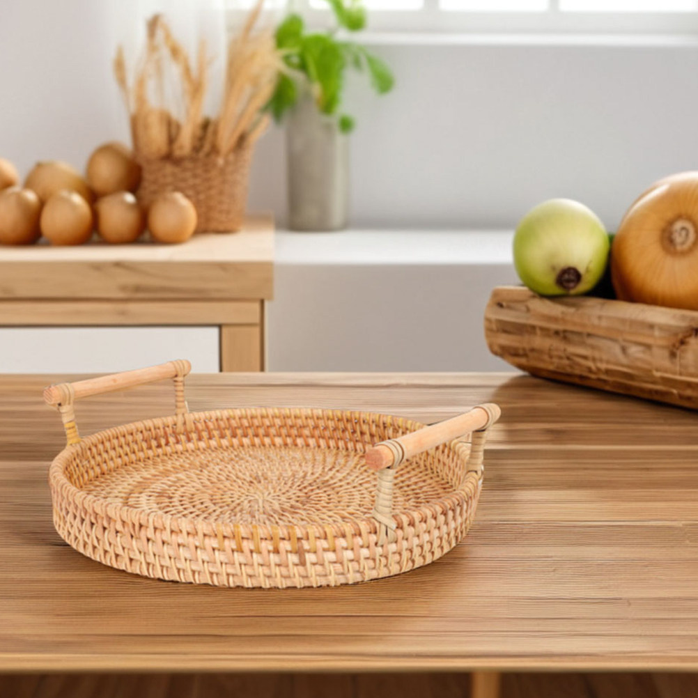 32cm丸型手作り籐製トレイ、編み込み籐製サービングバスケッ - Rattan Tray Handle のレビューと価格