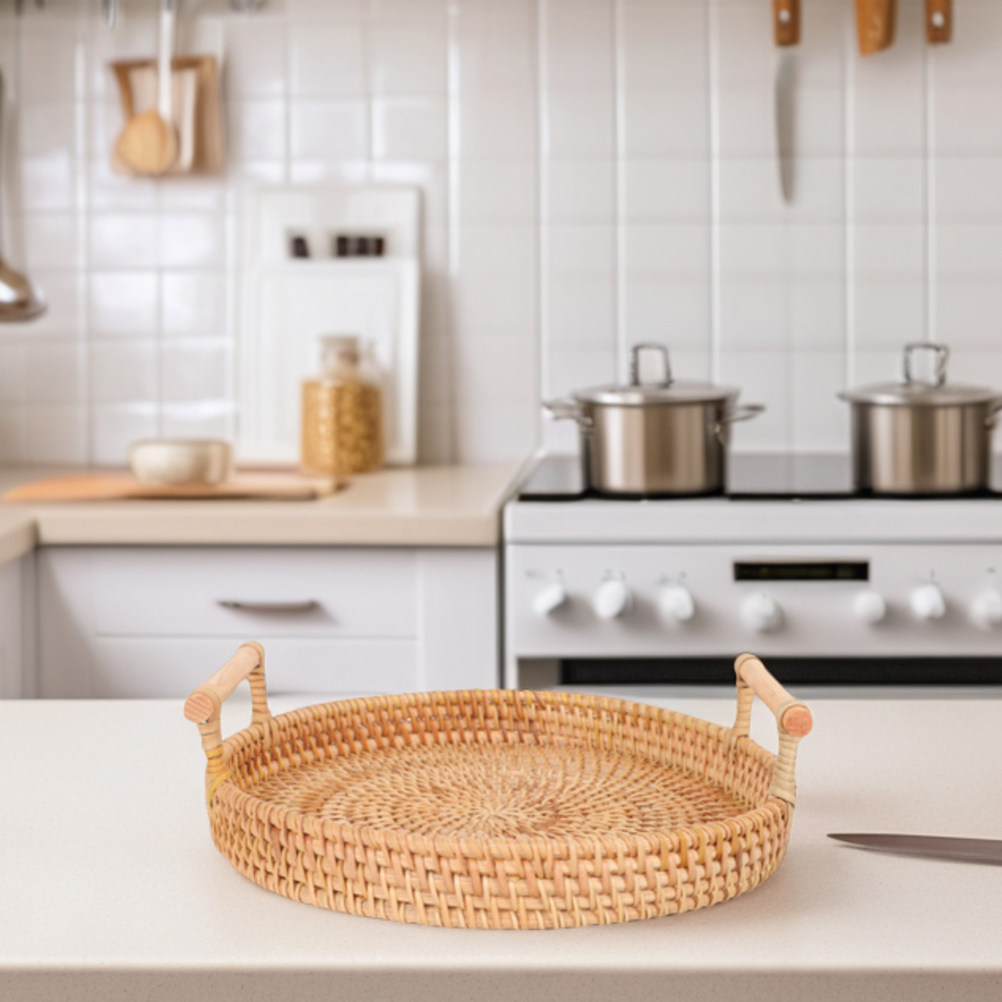 32cm丸型手作り籐製トレイ、編み込み籐製サービングバスケッ - Rattan Tray Handle のレビューと価格