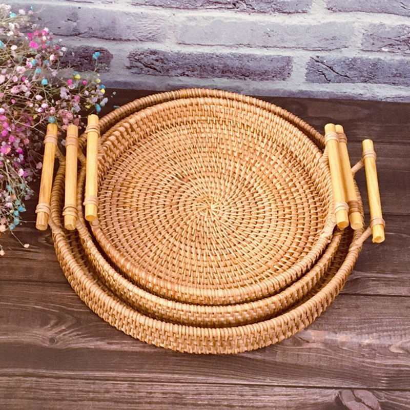 籐ストラップハンドル収納バスケットパンスナックフルーツラウン - Rattan Tray Handle のレビューと価格