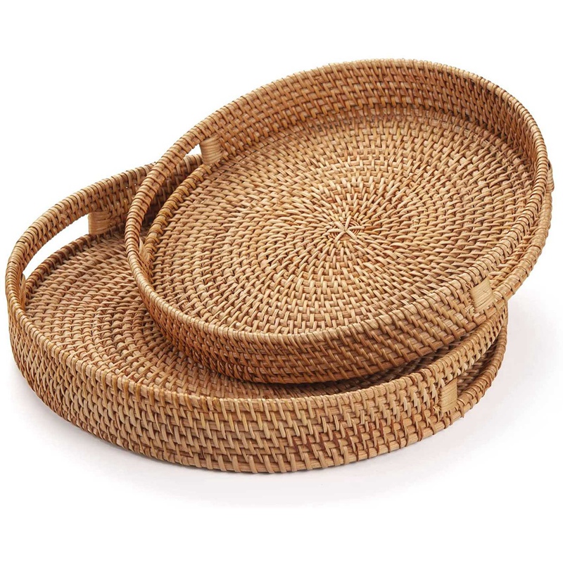 丸い籐製サービングトレイ、装飾的な編み込みオットマントレイ、 - Rattan Tray Handle のレビューと価格