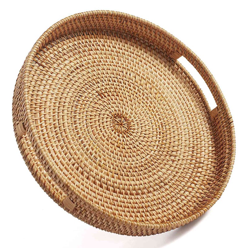 丸い籐製サービングトレイ、装飾的な編み込みオットマントレイ、 - Rattan Tray Handle のレビューと価格