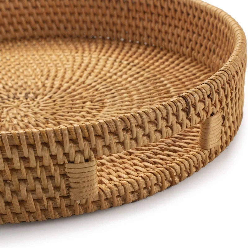 丸い籐製サービングトレイ、装飾的な編み込みオットマントレイ、 - Rattan Tray Handle のレビューと価格