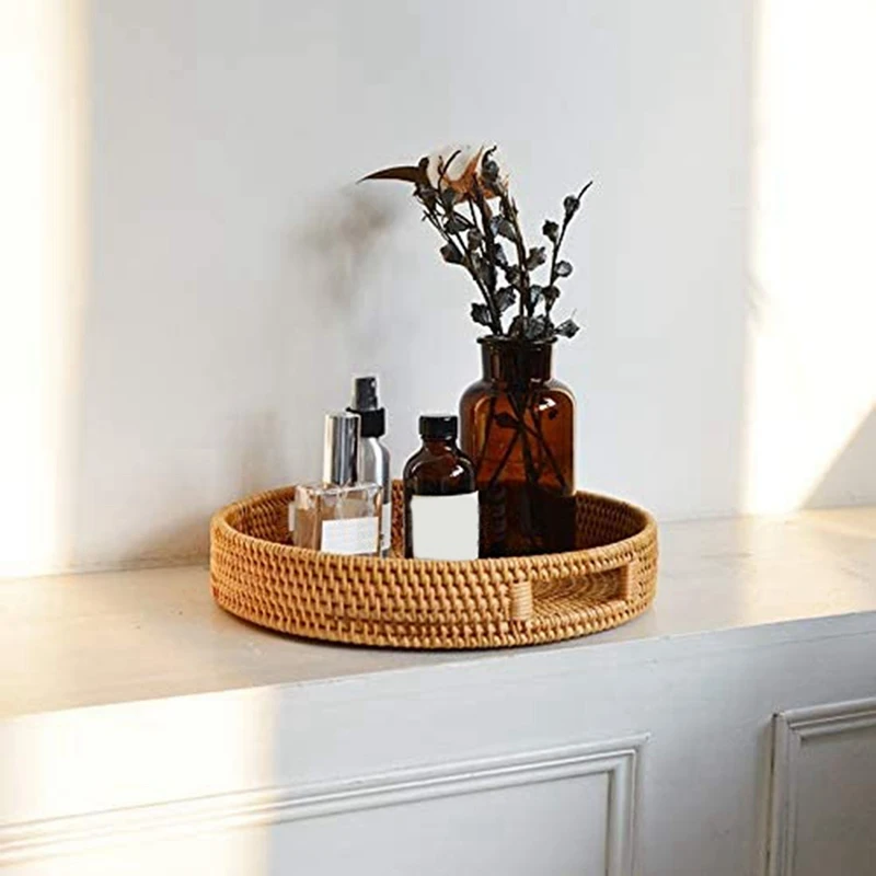 丸い籐製サービングトレイ、装飾的な編み込みオットマントレイ、 - Rattan Tray Handle のレビューと価格