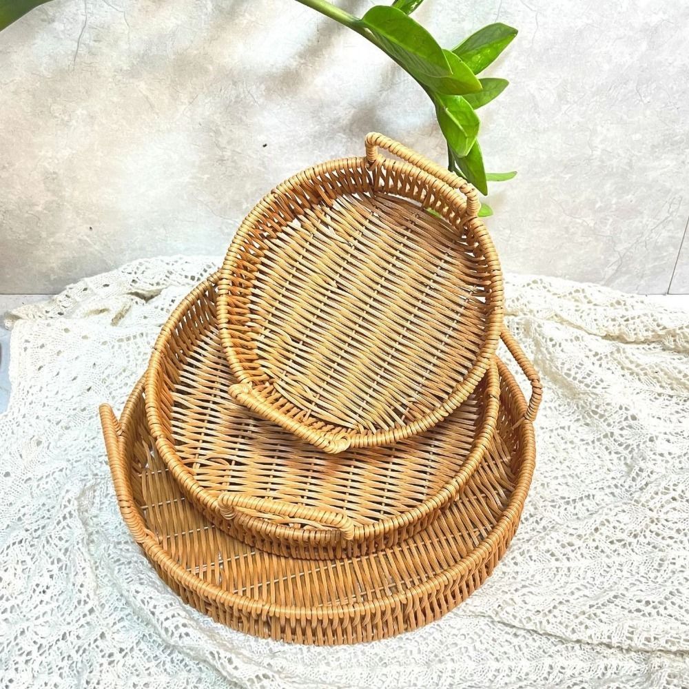 大容量模造籐収納バスケットプラスチック製手作り手編み籐収納ト - Rattan Tray Handle のレビューと価格