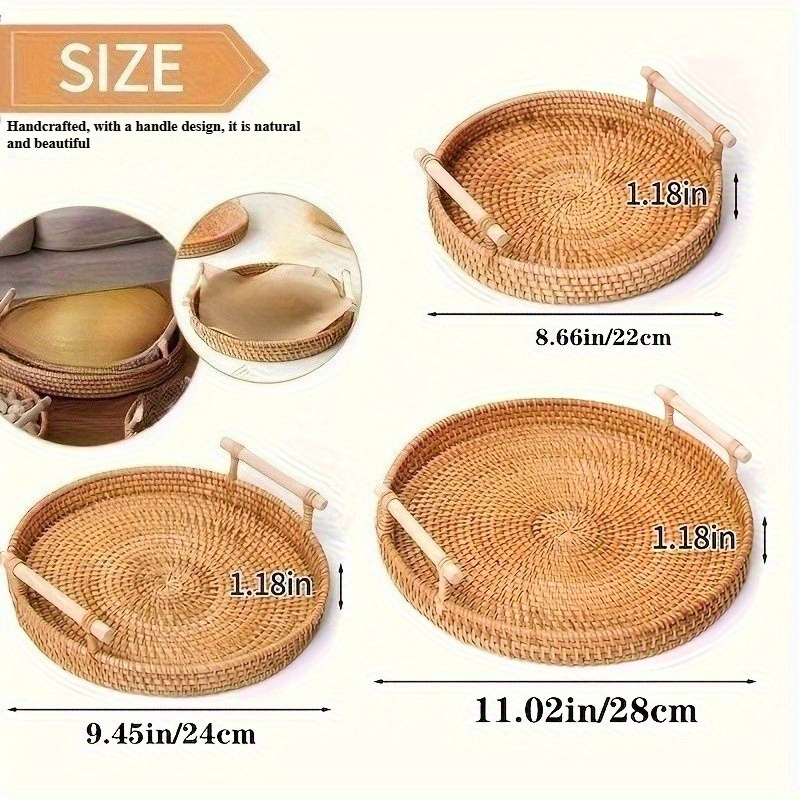 手作りラタン丸盆、ダブルハンドル付き - お茶、フルーツ、パ - Rattan Tray Handle のレビューと価格